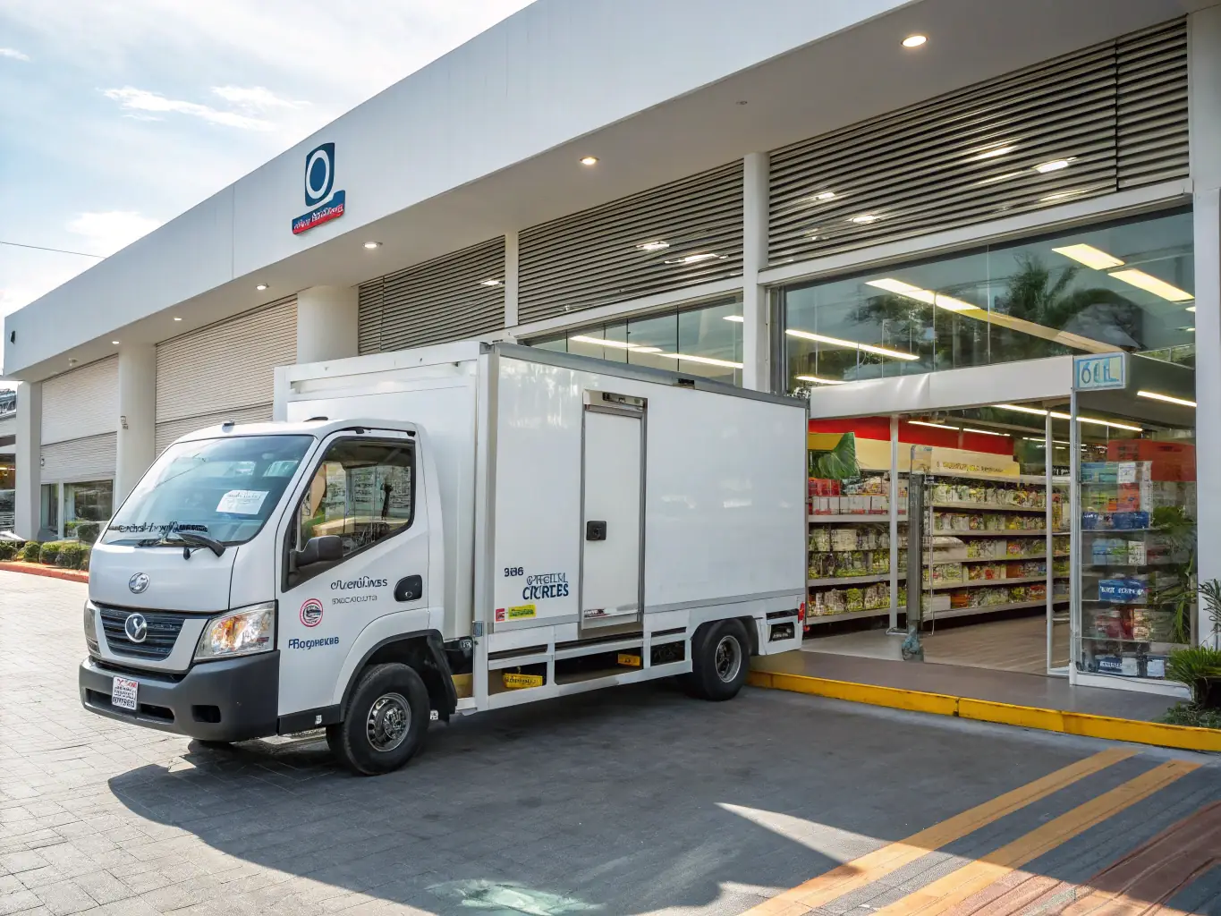 An image of a modern distribution truck delivering premium food products to a supermarket in Chile, illustrating the distribution network of The Bites Company.