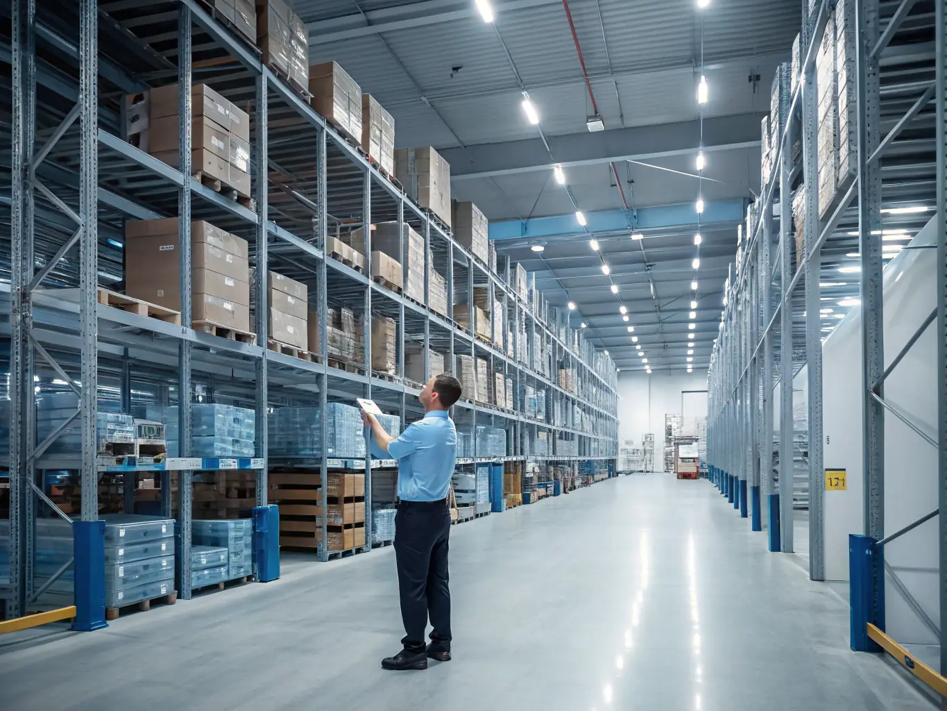 A vibrant image of a logistics warehouse with international food products being prepared for distribution, showcasing the import and distribution services of The Bites Company.